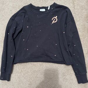 Peloton cropped navy with light gold splatter sweatshirt
